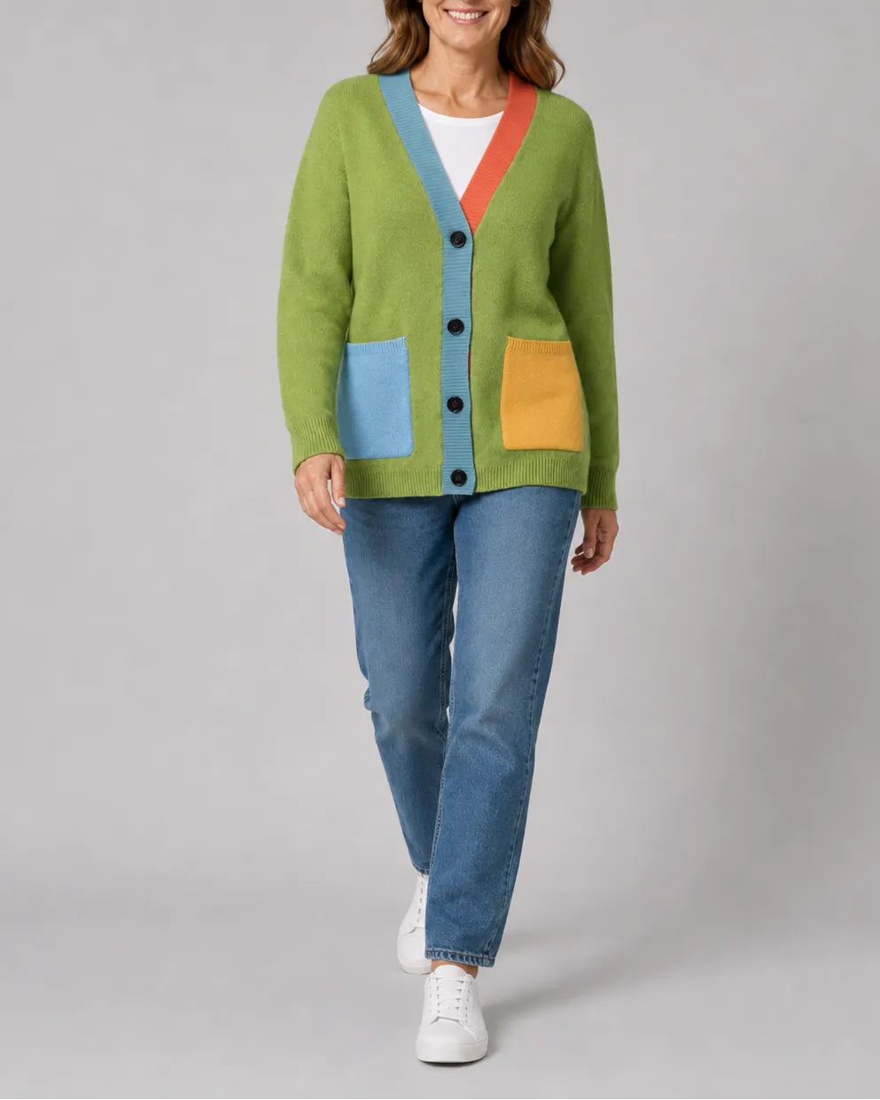 Oversized Colour Block Cardigan with Button Front and Pockets