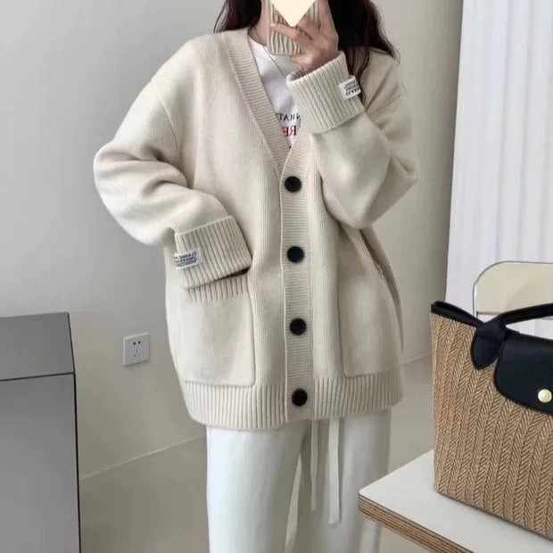 Patch V-Neck Long Sleeve Loose Cardigan Sweater | Dahlia Collection