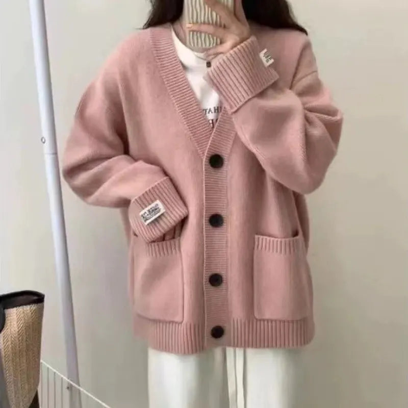 Patch V-Neck Long Sleeve Loose Cardigan Sweater | Dahlia Collection