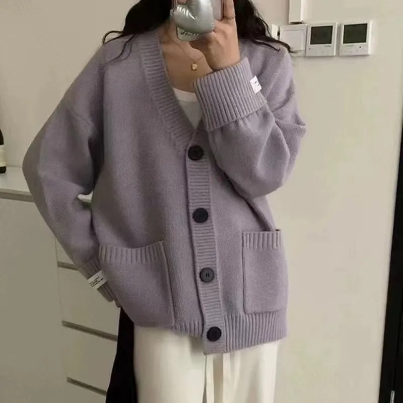 Patch V-Neck Long Sleeve Loose Cardigan Sweater | Dahlia Collection