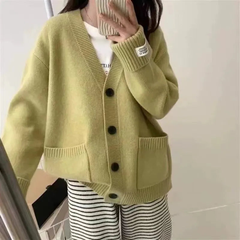 Patch V-Neck Long Sleeve Loose Cardigan Sweater | Dahlia Collection