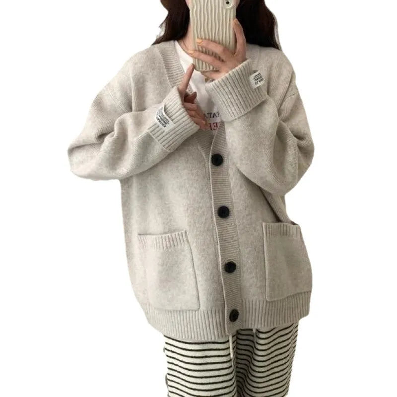 Patch V-Neck Long Sleeve Loose Cardigan Sweater | Dahlia Collection
