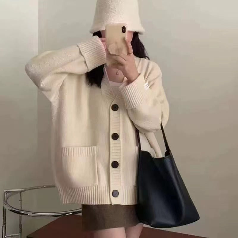 Patch V-Neck Long Sleeve Loose Cardigan Sweater | Dahlia Collection