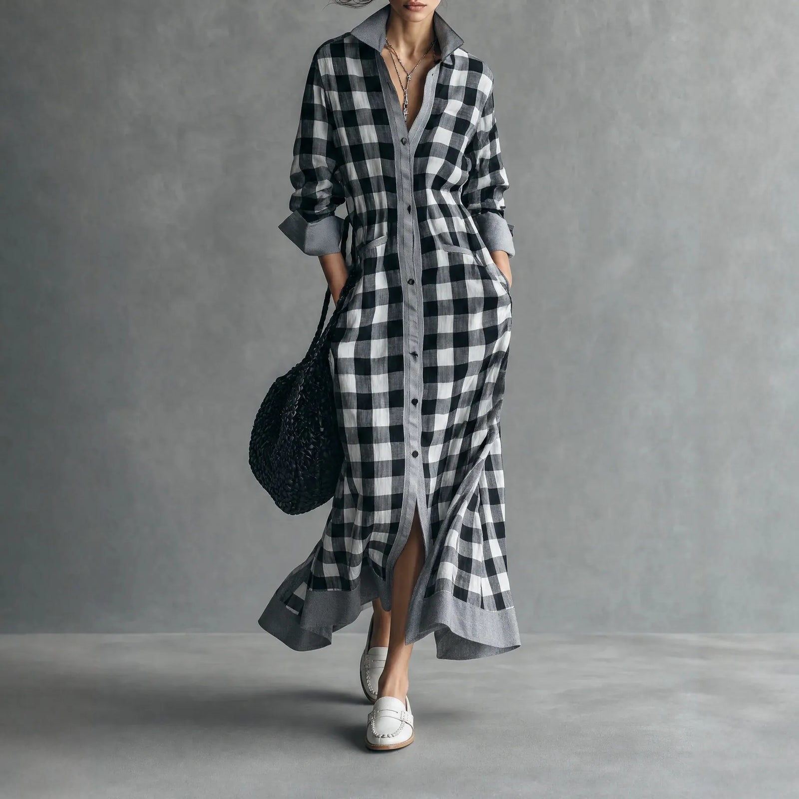 Plaid Colorblock Shirt Collar Long Sleeve A-Line Maxi Shirt Dress Casual | Orenda Collection
