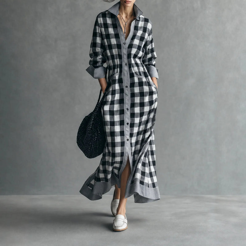 Plaid Colorblock Shirt Collar Long Sleeve A-Line Maxi Shirt Dress Casual | Orenda Collection
