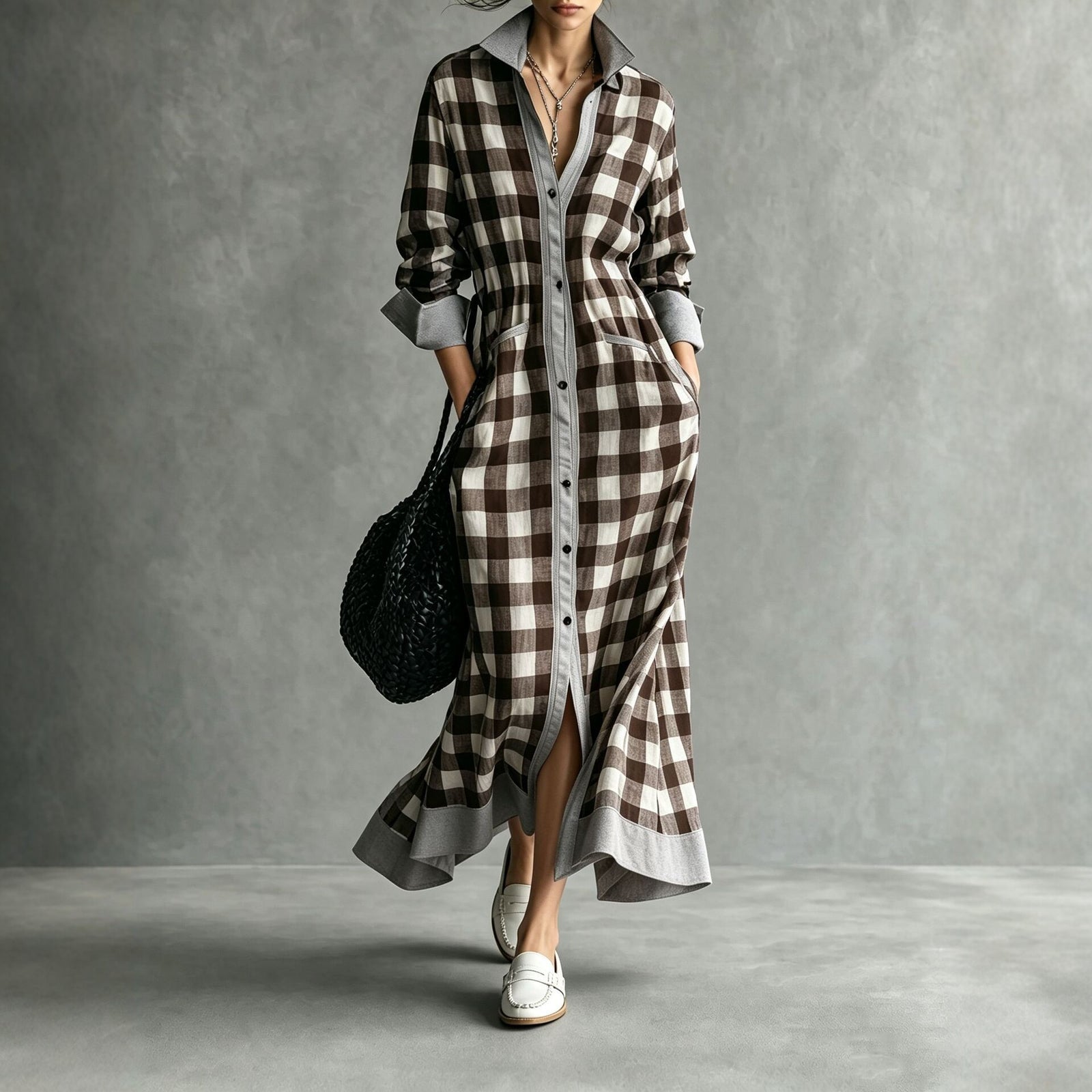 Plaid Colorblock Shirt Collar Long Sleeve A-Line Maxi Shirt Dress Casual | Orenda Collection