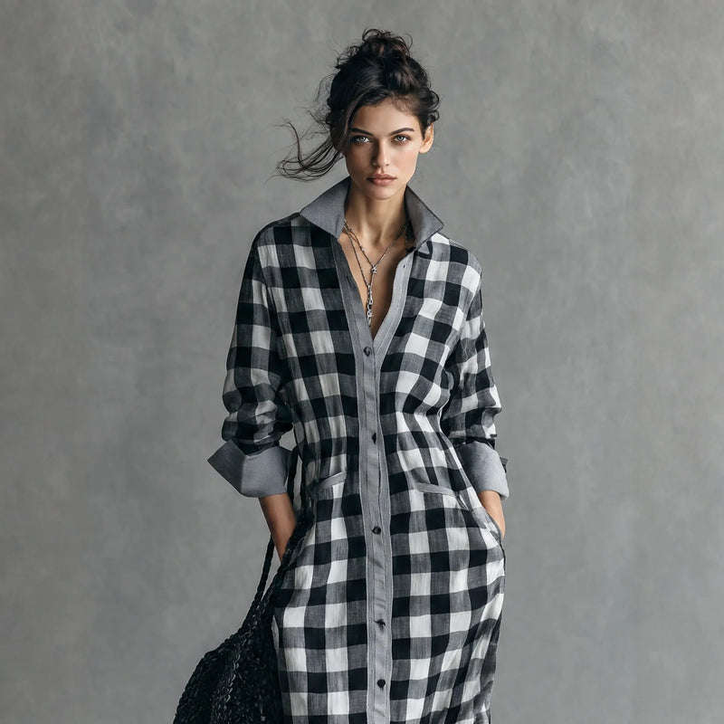 Plaid Colorblock Shirt Collar Long Sleeve A-Line Maxi Shirt Dress Casual | Orenda Collection