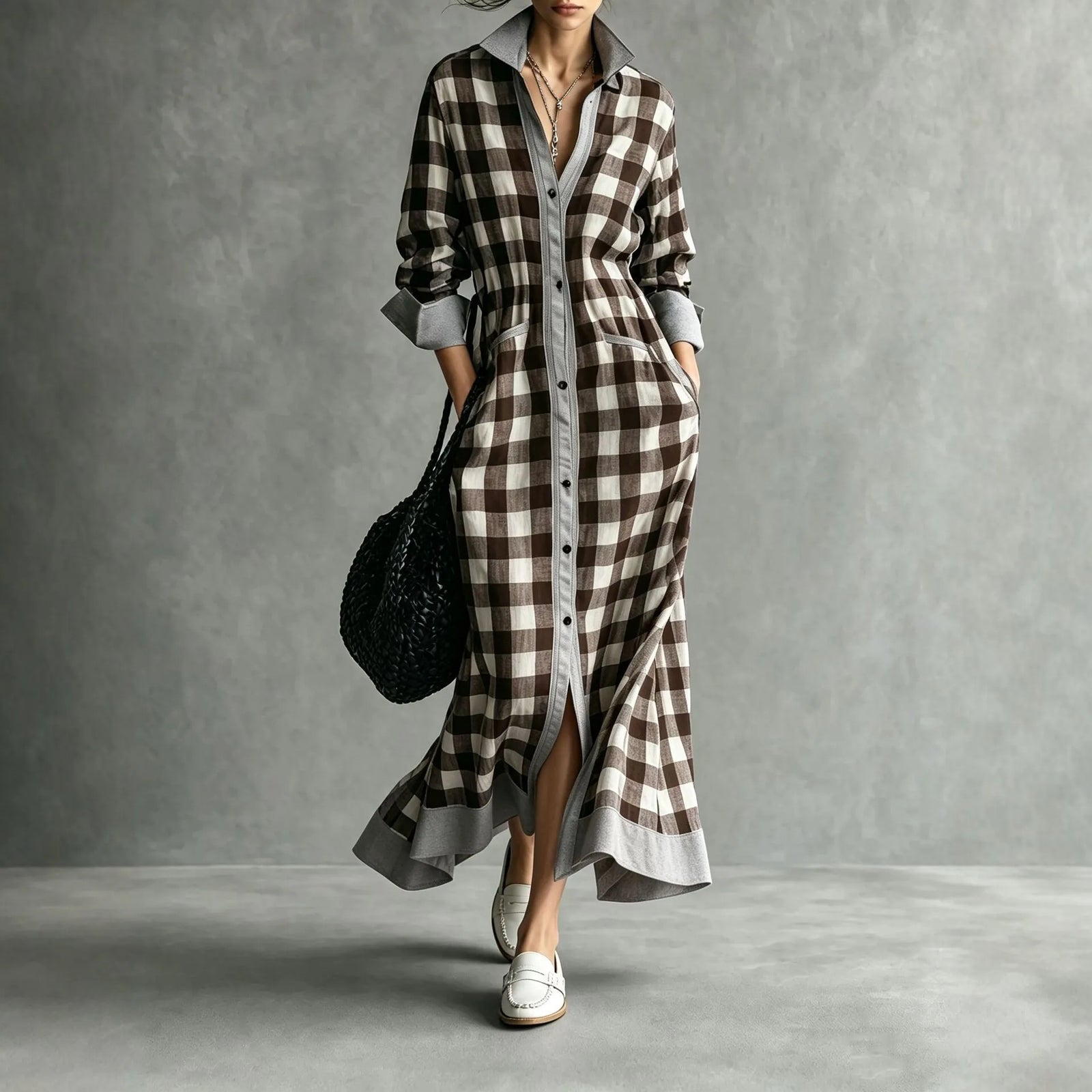 Plaid Colorblock Shirt Collar Long Sleeve A-Line Maxi Shirt Dress Casual | Orenda Collection