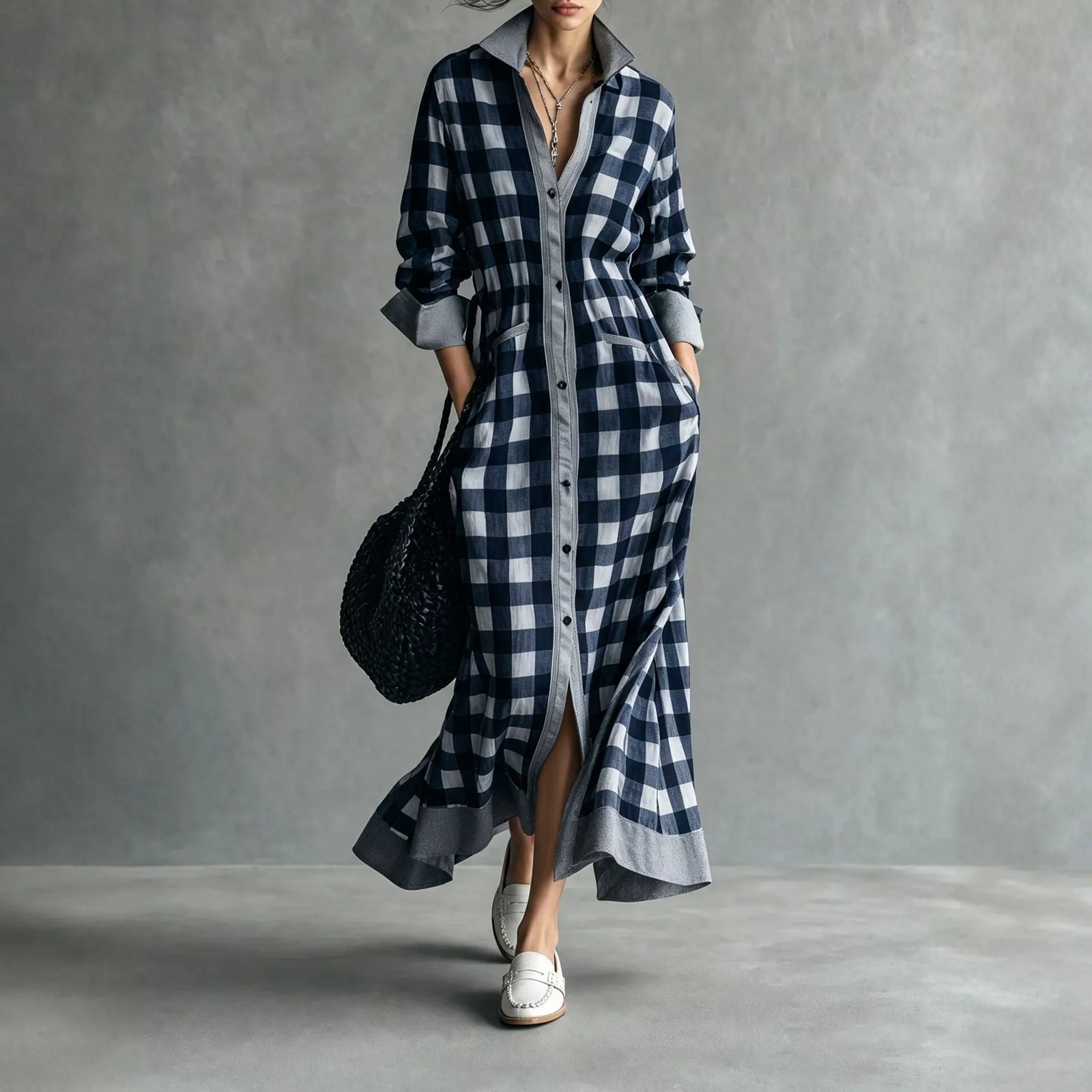 Plaid Colorblock Shirt Collar Long Sleeve A-Line Maxi Shirt Dress Casual | Orenda Collection