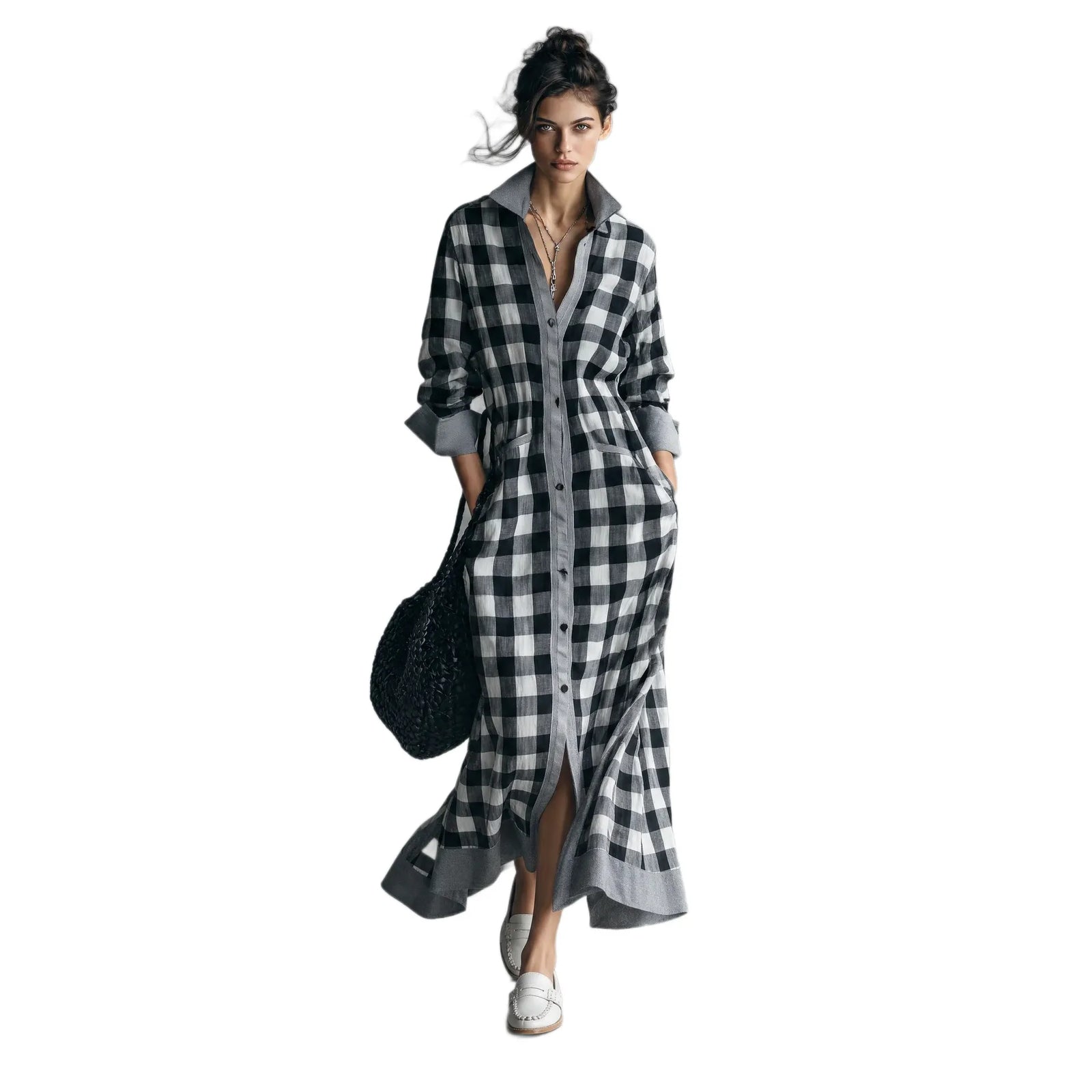 Plaid Colorblock Shirt Collar Long Sleeve A-Line Maxi Shirt Dress Casual | Orenda Collection