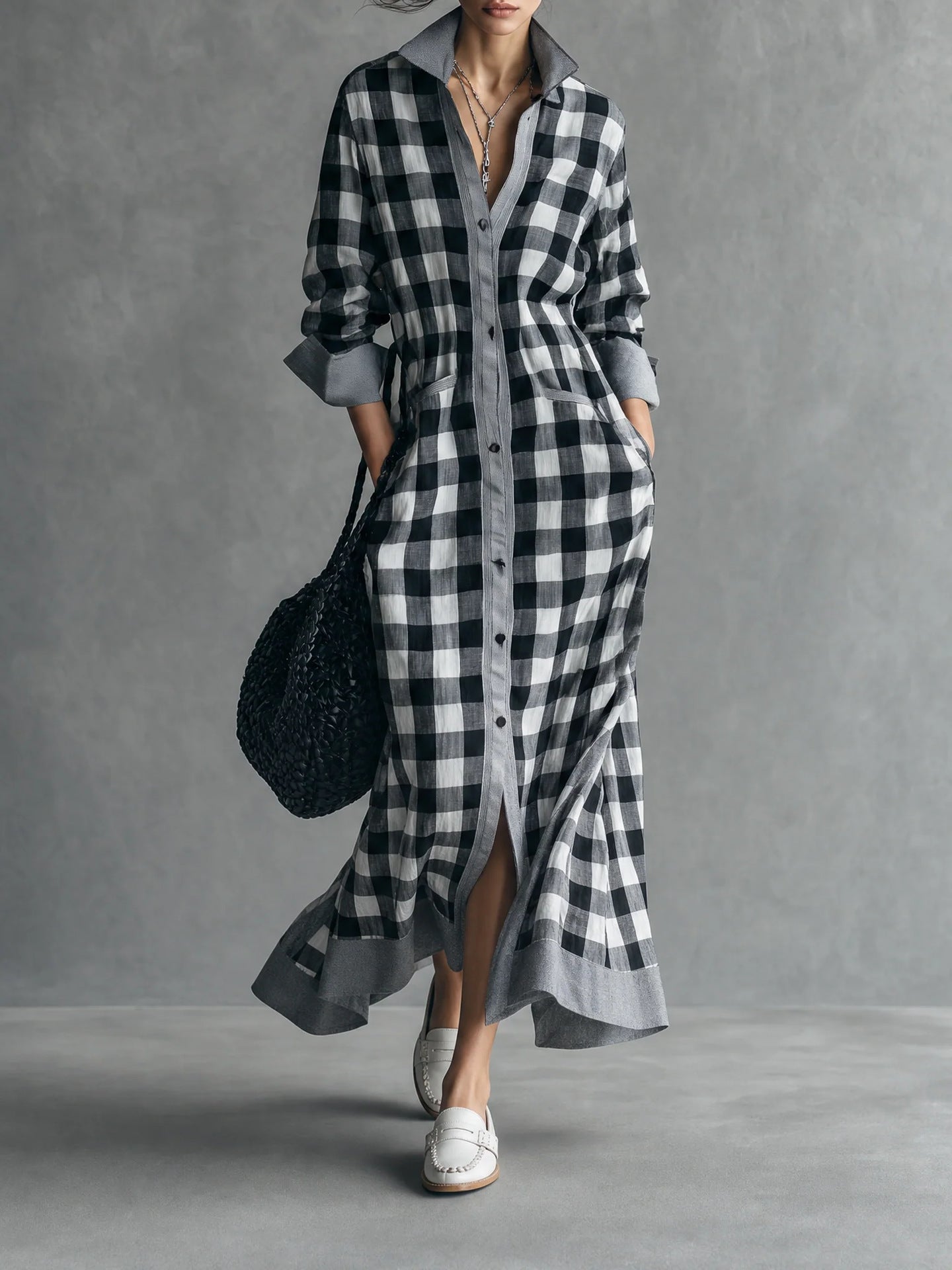 Plaid Colorblock Shirt Collar Long Sleeve A-Line Maxi Shirt Dress Casual | Orenda Collection