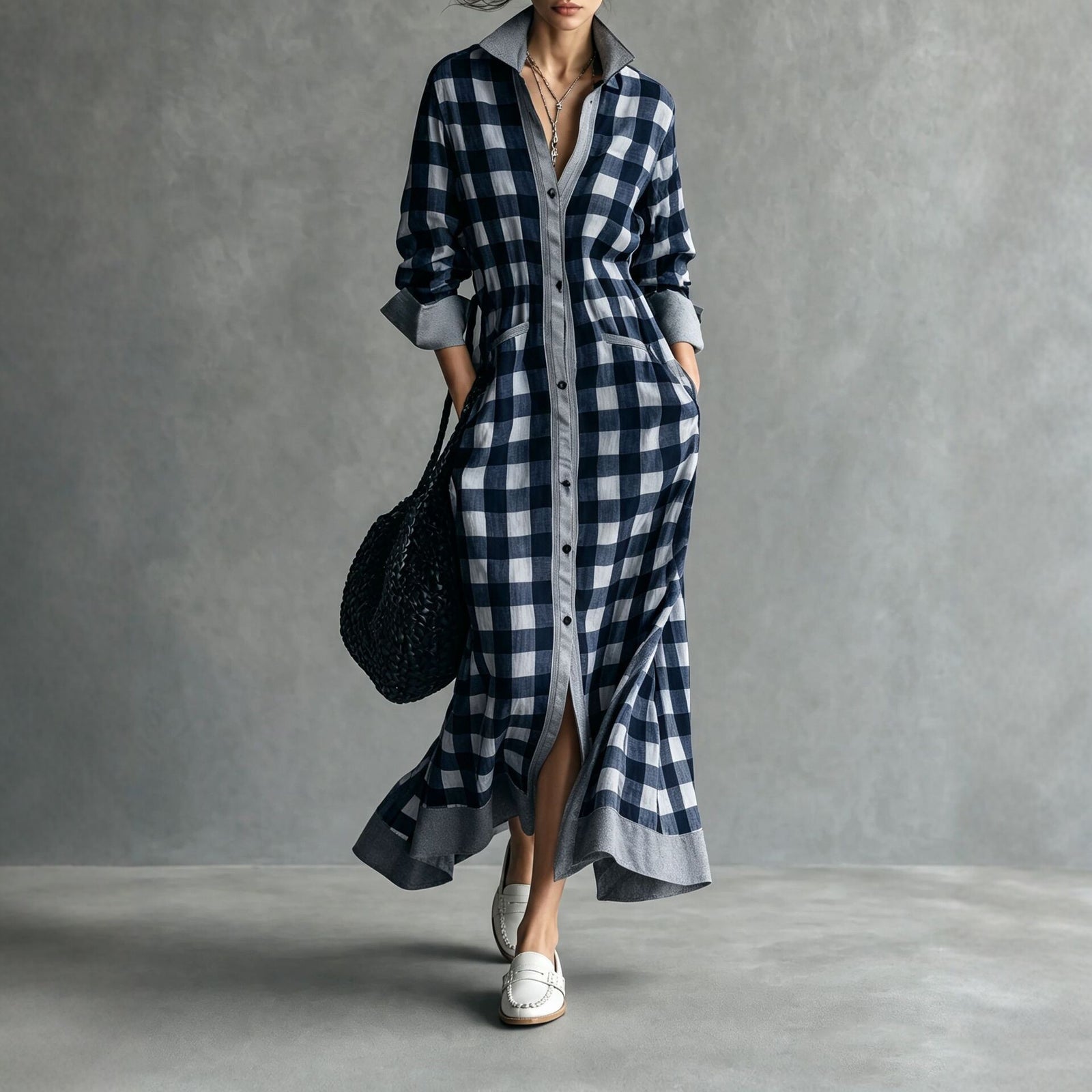 Plaid Colorblock Shirt Collar Long Sleeve A-Line Maxi Shirt Dress Casual | Orenda Collection