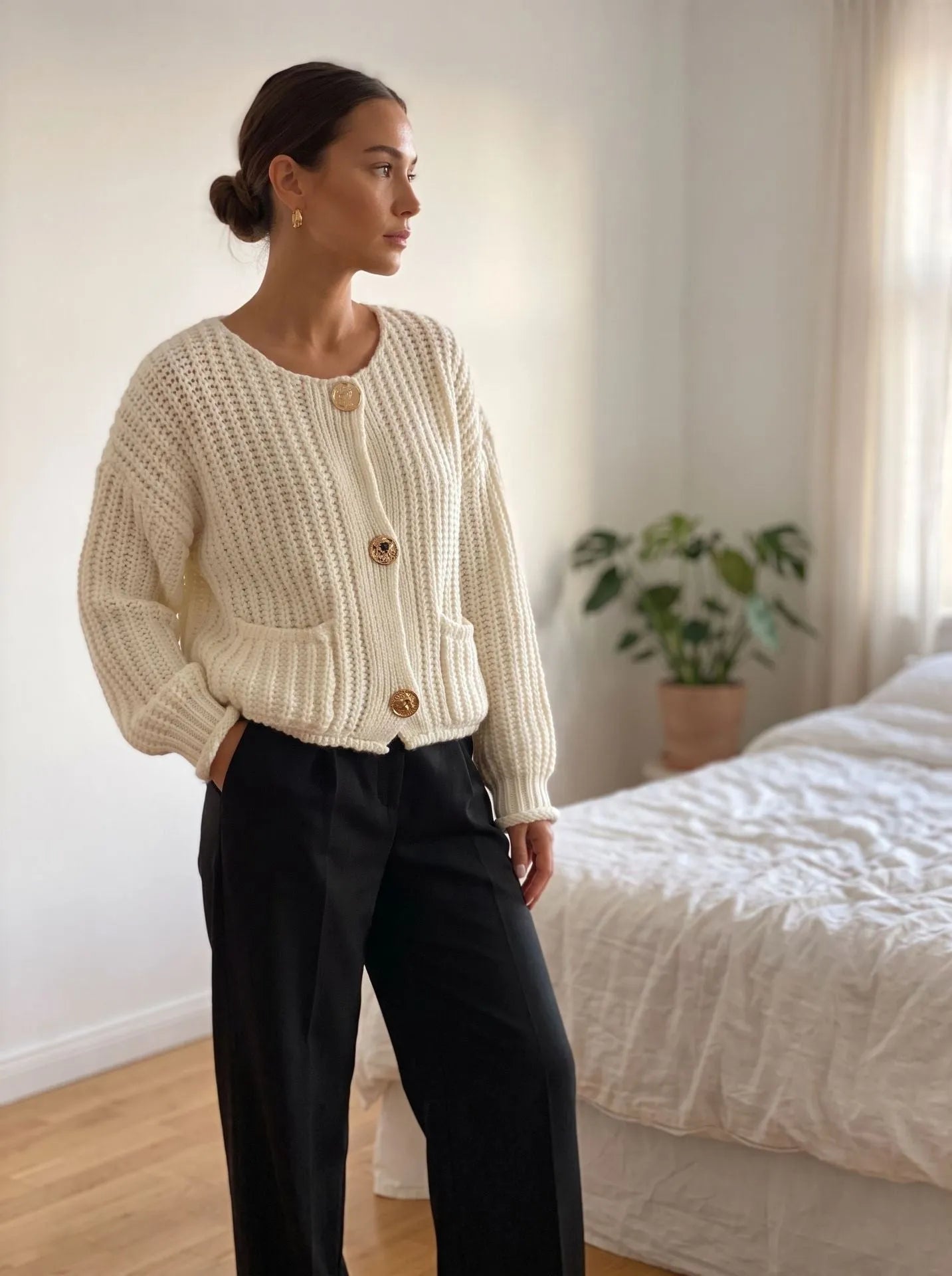 Plush Chunky Knit Crew Neck Button Front Cardigan