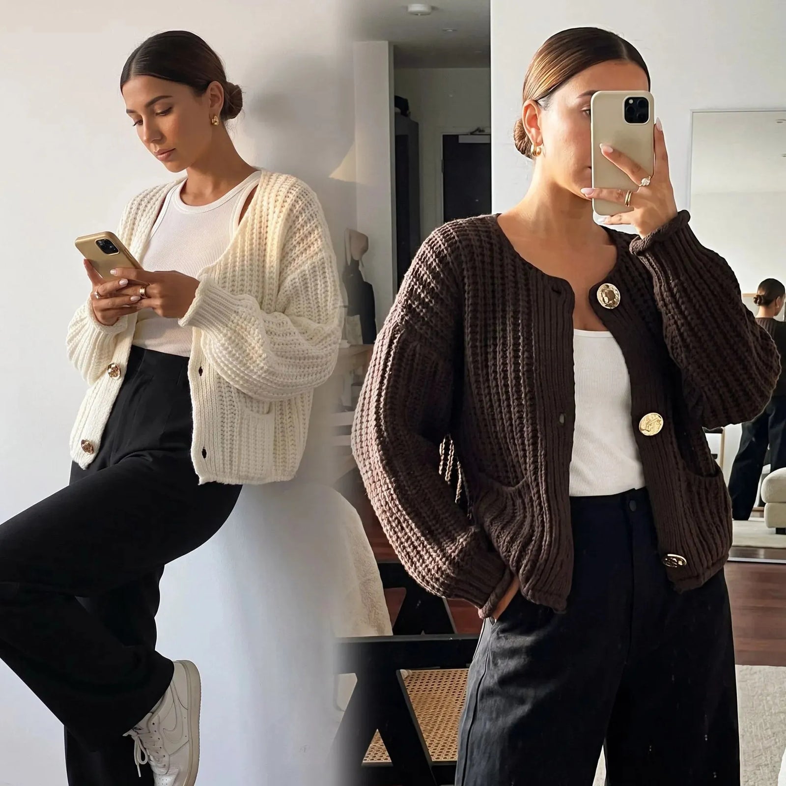 Plush Chunky Knit Crew Neck Button Front Cardigan