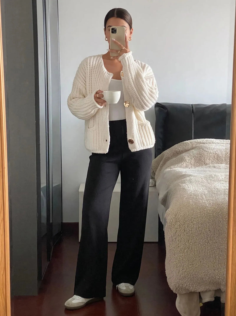 Plush Chunky Knit Crew Neck Button Front Cardigan