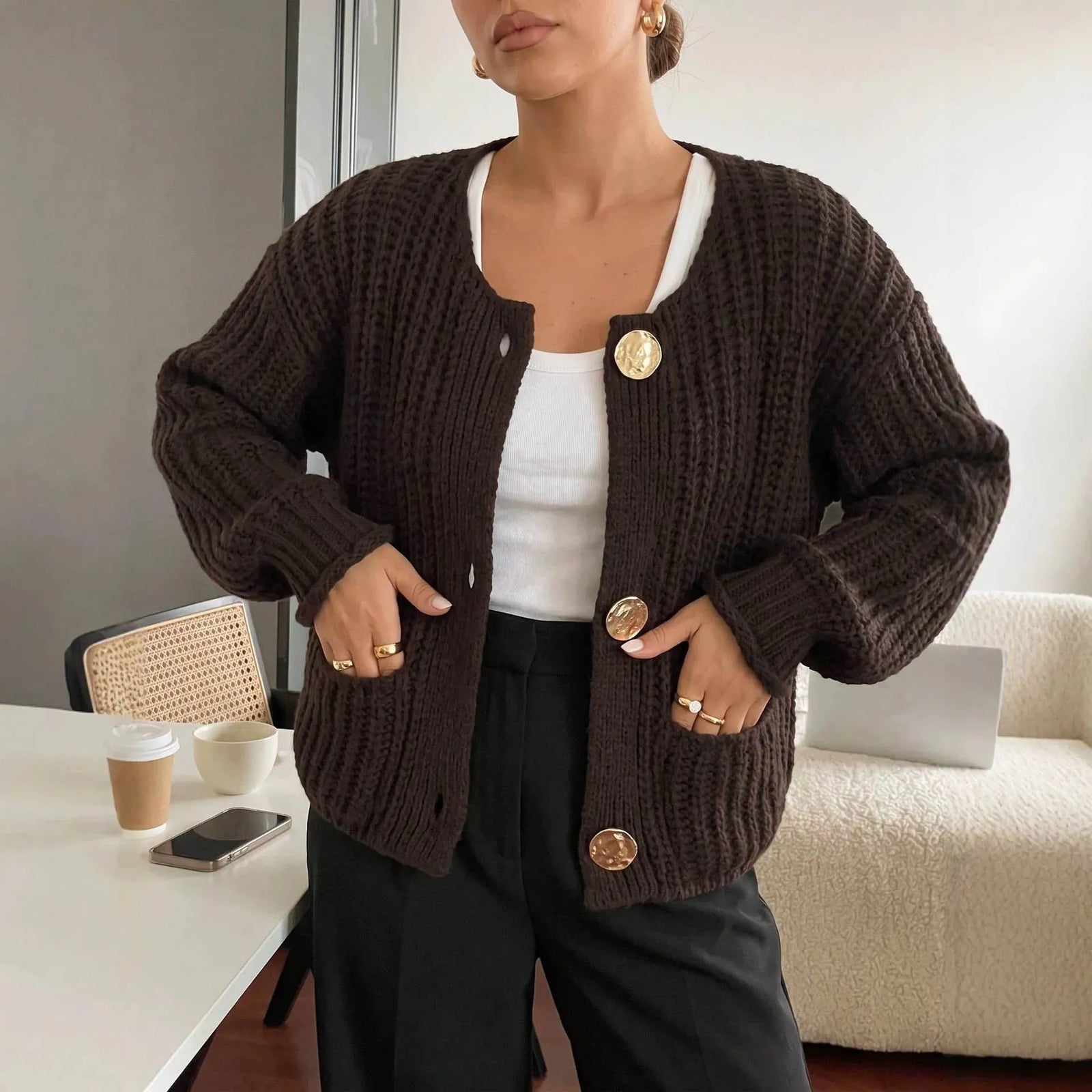 Plush Chunky Knit Crew Neck Button Front Cardigan