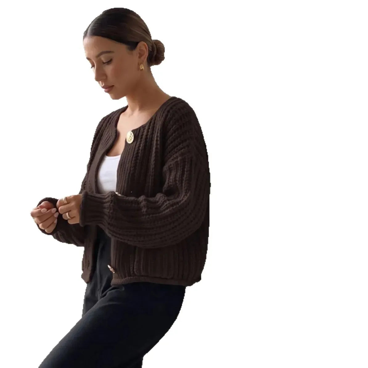 Plush Chunky Knit Crew Neck Button Front Cardigan