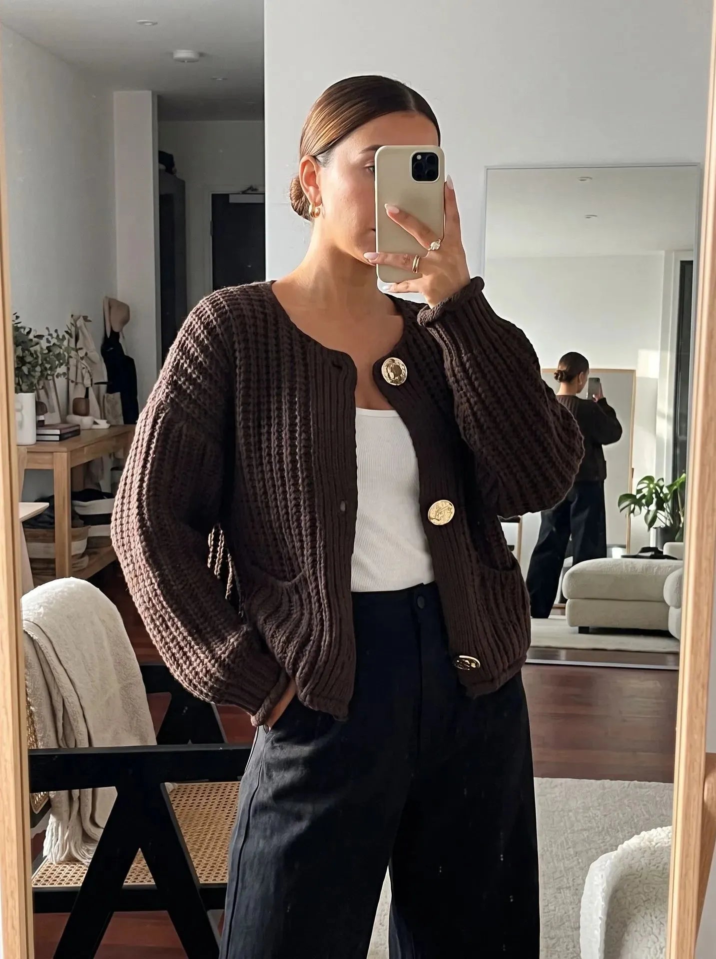 Plush Chunky Knit Crew Neck Button Front Cardigan