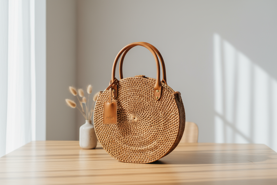 Rattan hand bag on table reviw