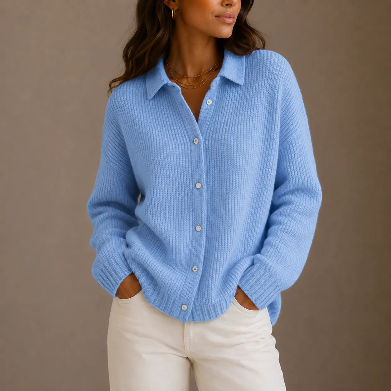 Ribbed Knit Collared Cardigan with Button Front