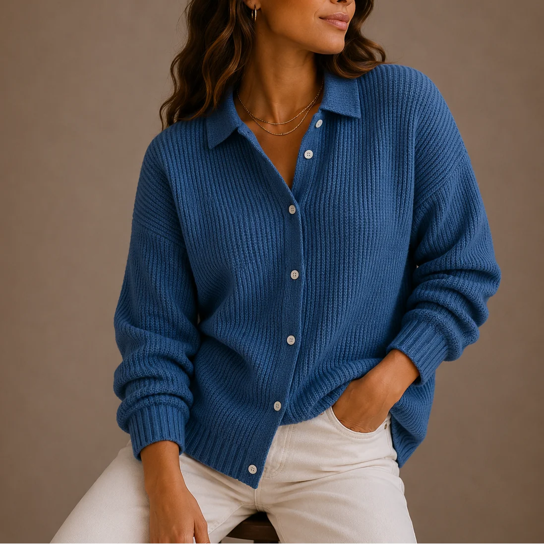 Ribbed Knit Collared Cardigan with Button Front