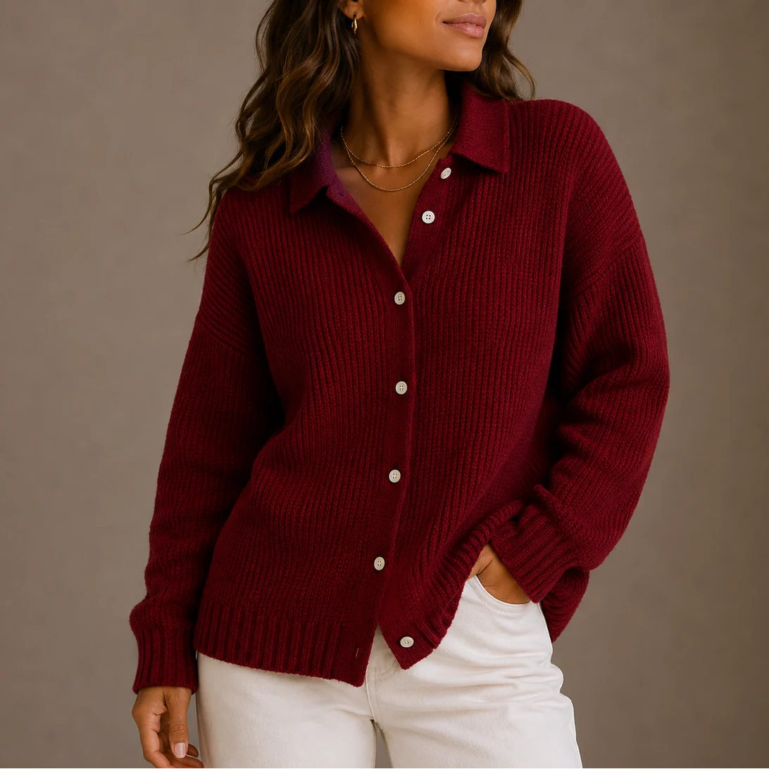Ribbed Knit Collared Cardigan with Button Front