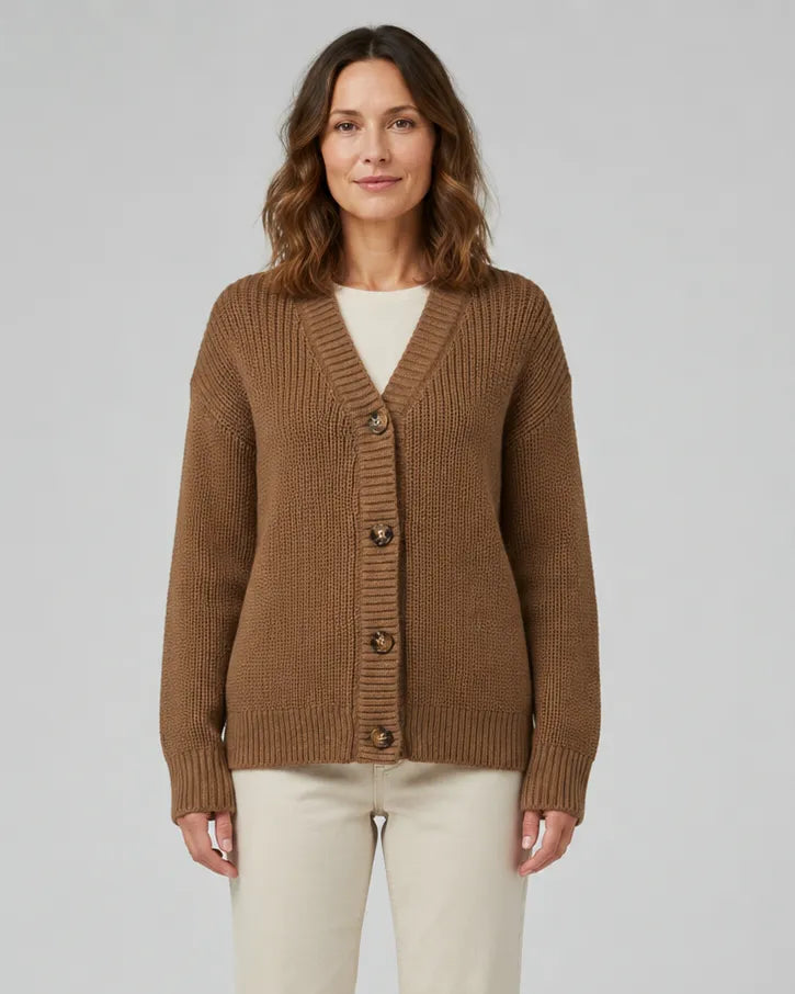 Ribbed Knit V-Neck Relaxed Cardigan with Button Front