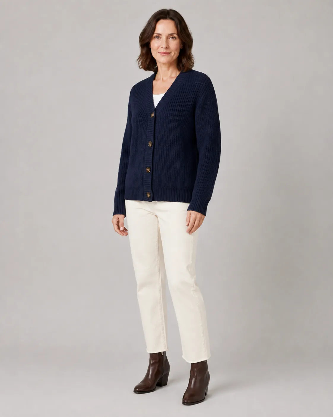 Ribbed Knit V-Neck Relaxed Cardigan with Button Front