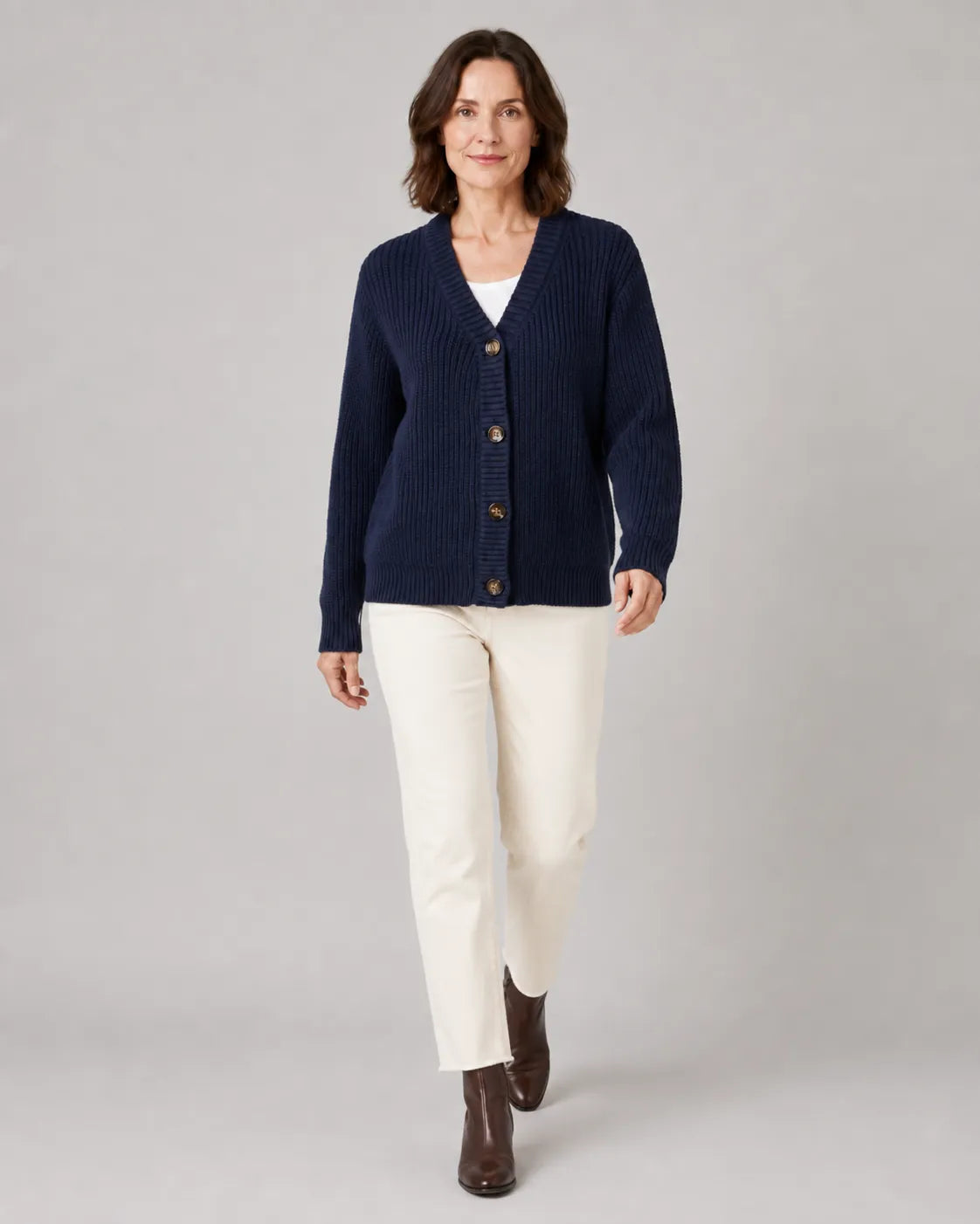 Ribbed Knit V-Neck Relaxed Cardigan with Button Front