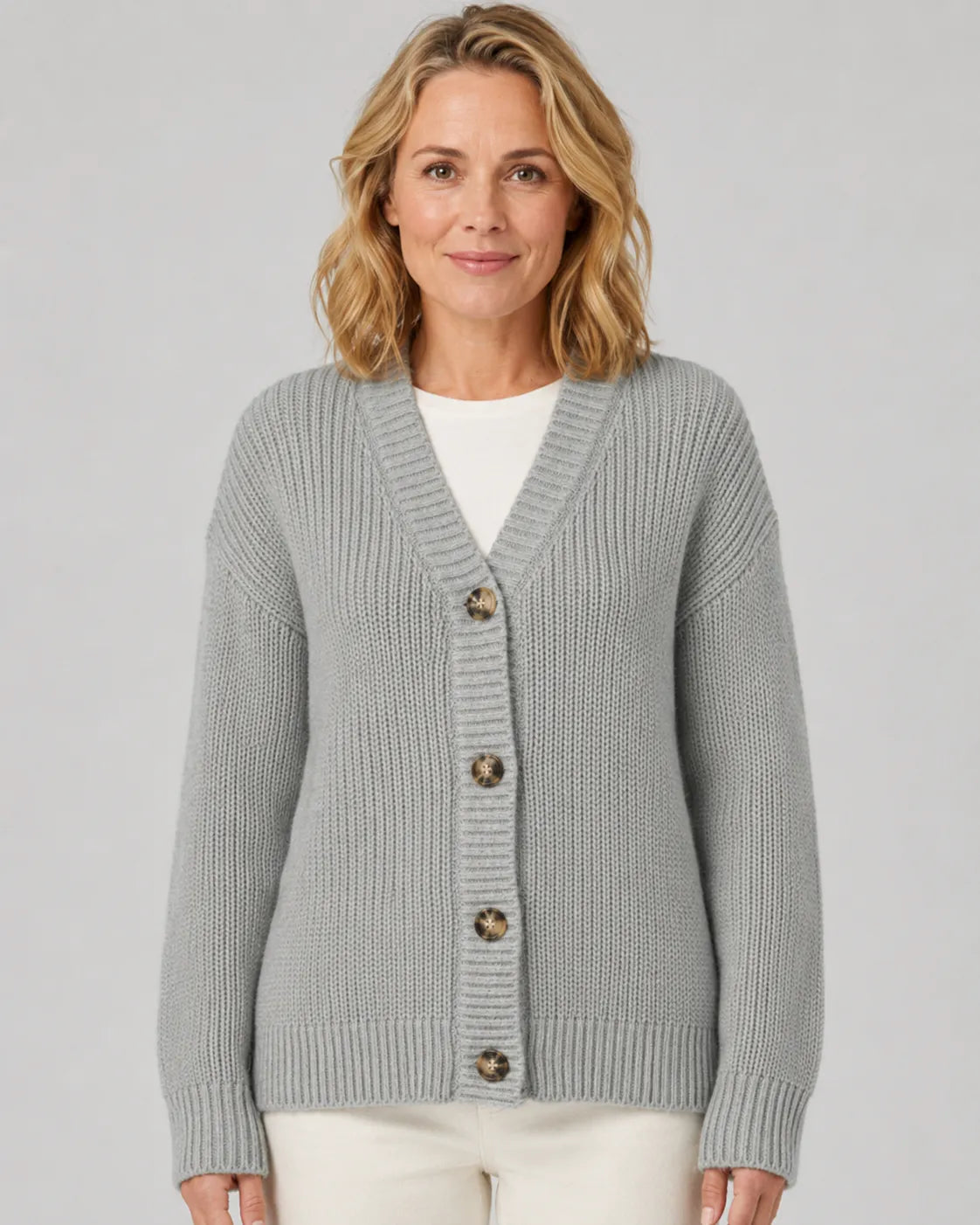 Ribbed Knit V-Neck Relaxed Cardigan with Button Front