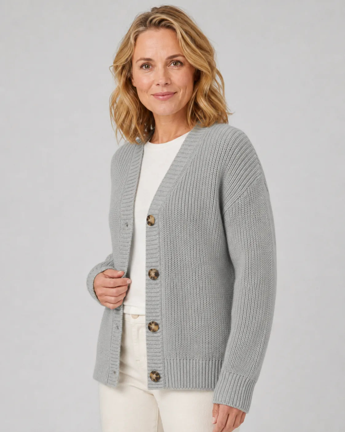 Ribbed Knit V-Neck Relaxed Cardigan with Button Front