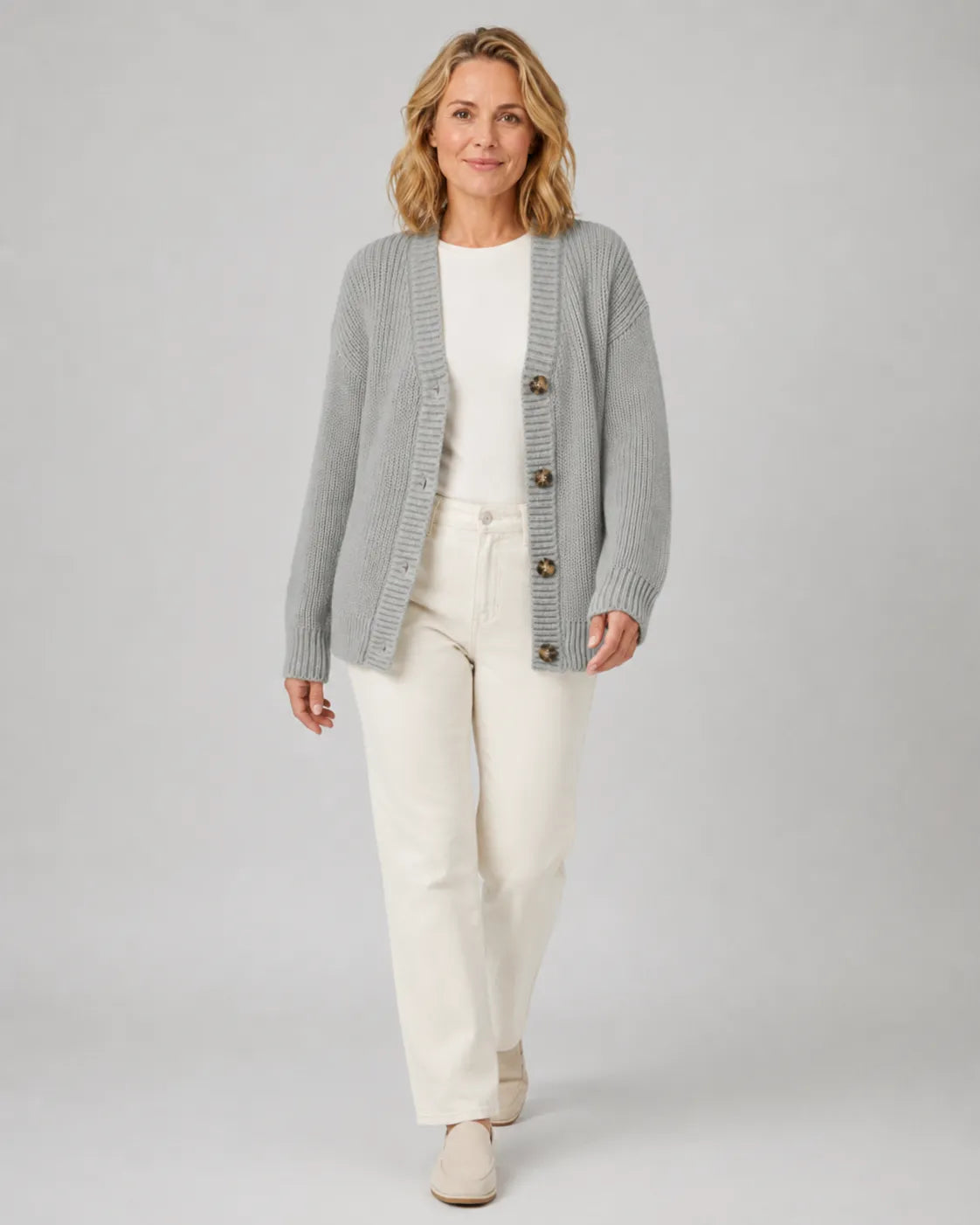 Ribbed Knit V-Neck Relaxed Cardigan with Button Front