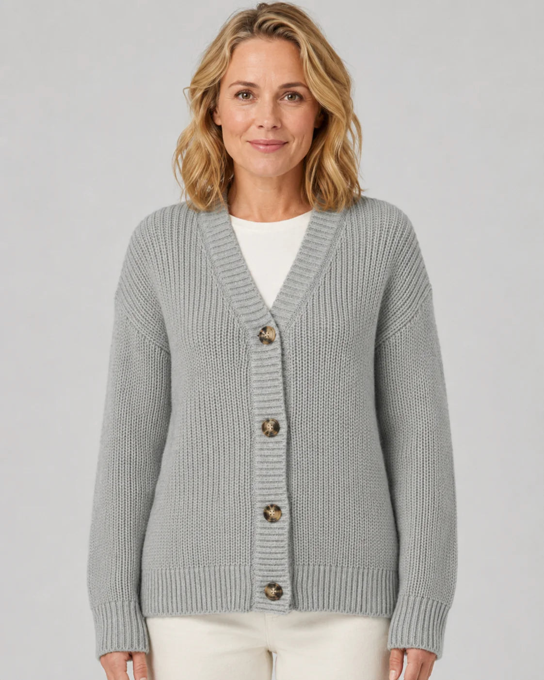 Ribbed Knit V-Neck Relaxed Cardigan with Button Front