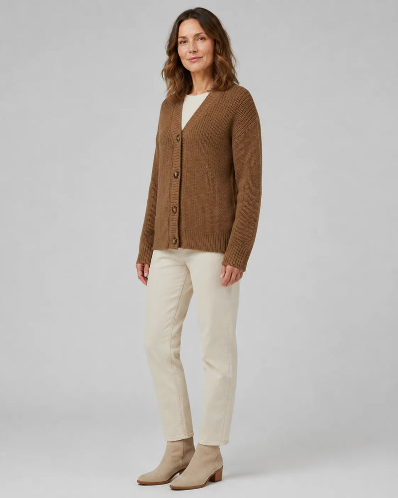 Ribbed Knit V-Neck Relaxed Cardigan with Button Front
