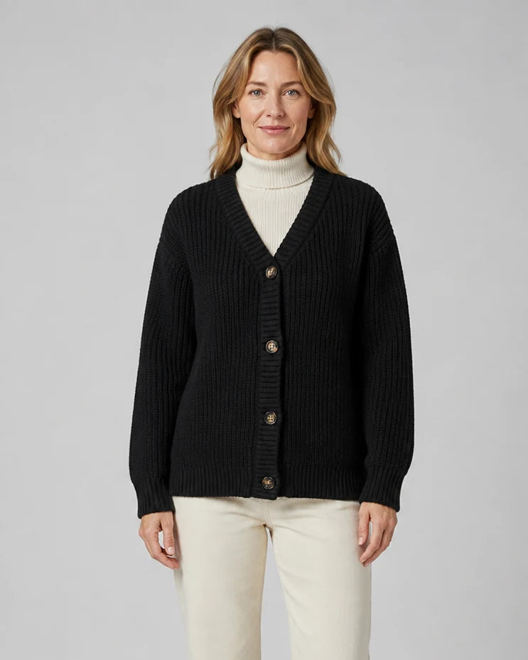 Ribbed Knit V-Neck Relaxed Cardigan with Button Front