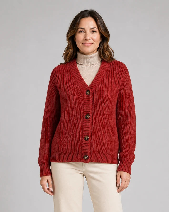 Ribbed Knit V-Neck Relaxed Cardigan with Button Front