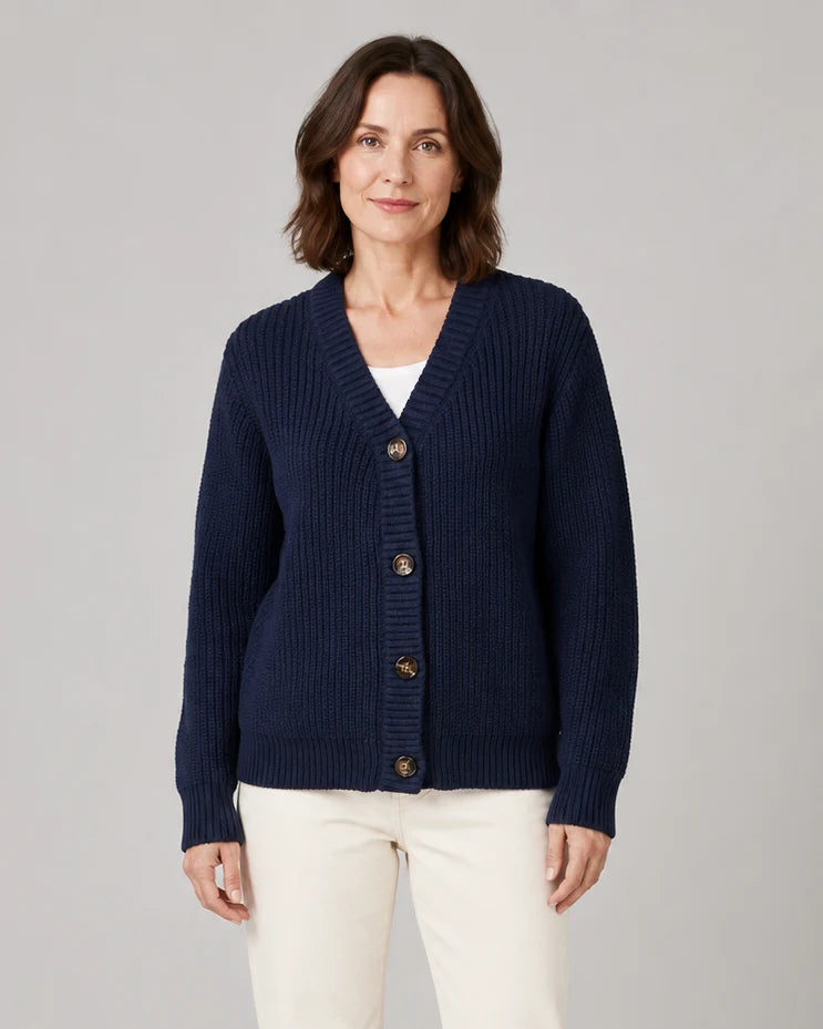 Ribbed Knit V-Neck Relaxed Cardigan with Button Front
