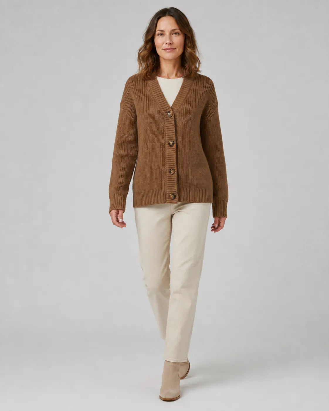 Ribbed Knit V-Neck Relaxed Cardigan with Button Front