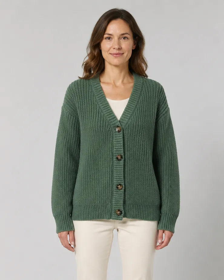 Ribbed Knit V-Neck Relaxed Cardigan with Button Front