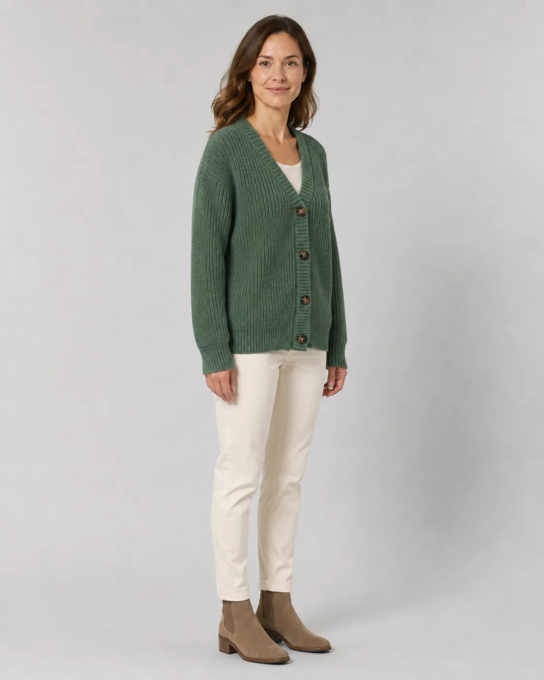 Ribbed Knit V-Neck Relaxed Cardigan with Button Front