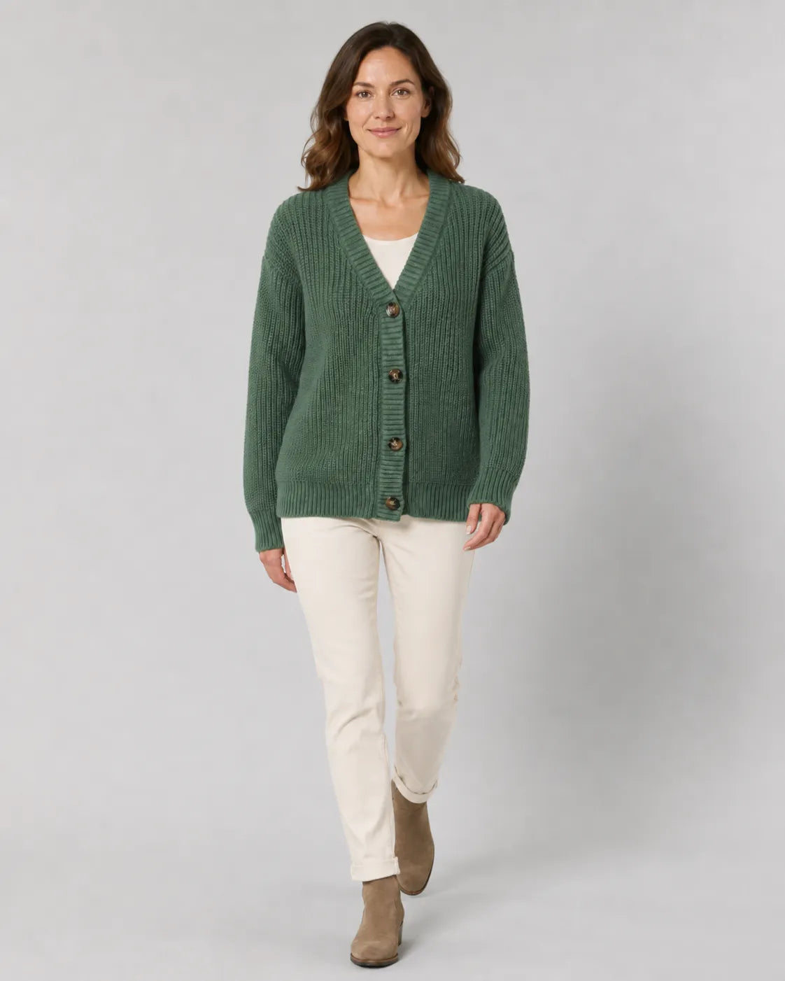 Ribbed Knit V-Neck Relaxed Cardigan with Button Front