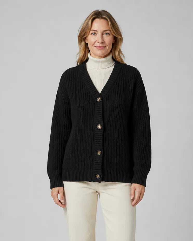 Ribbed Knit V-Neck Relaxed Cardigan with Button Front