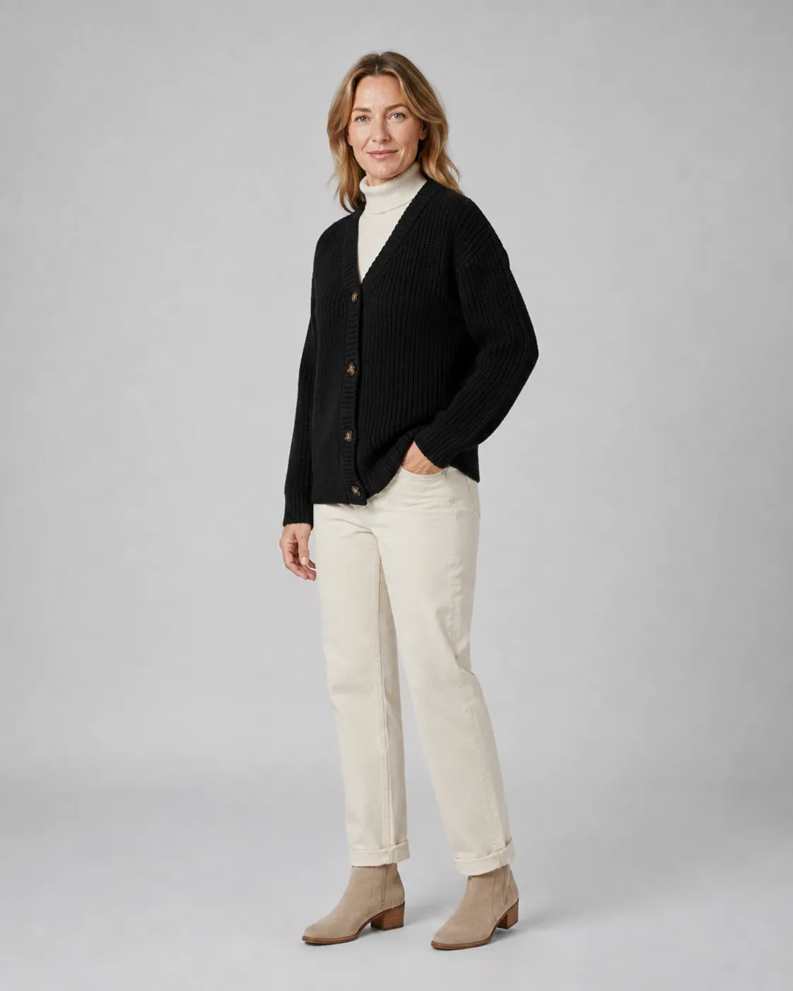 Ribbed Knit V-Neck Relaxed Cardigan with Button Front