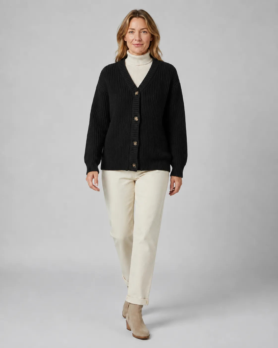 Ribbed Knit V-Neck Relaxed Cardigan with Button Front