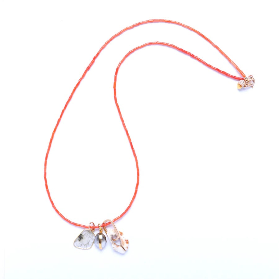 Coral, Shell, Pearl and Diamond 14k Gold Necklace
