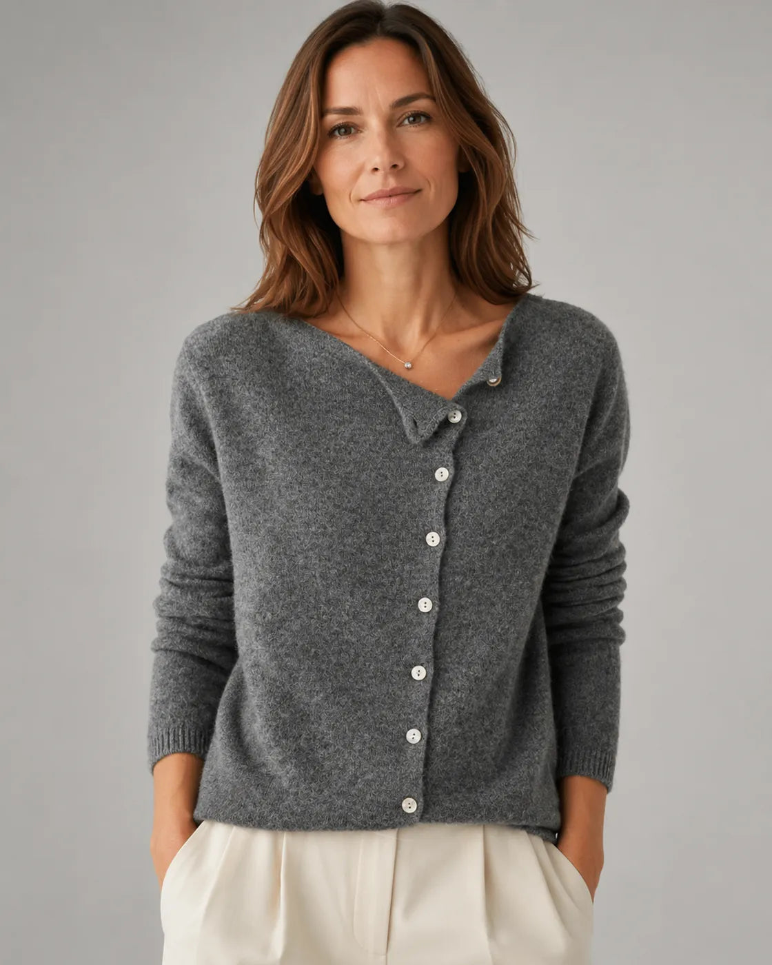 Soft Knit Round Neck Cardigan with Asymmetric Button Front