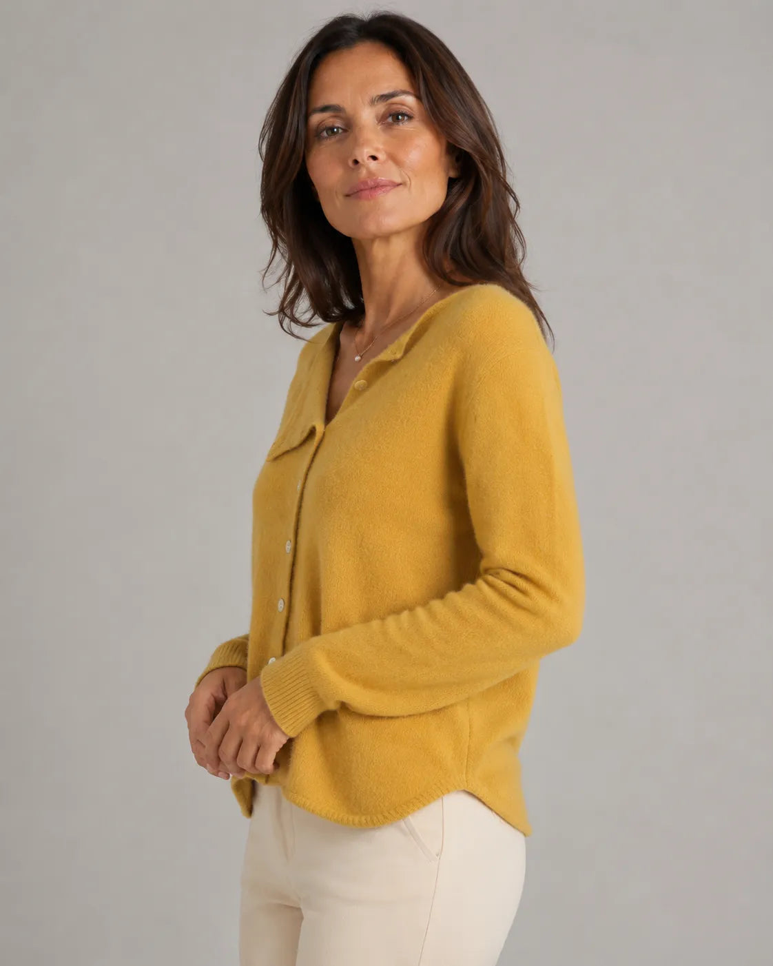 Soft Knit Round Neck Cardigan with Asymmetric Button Front