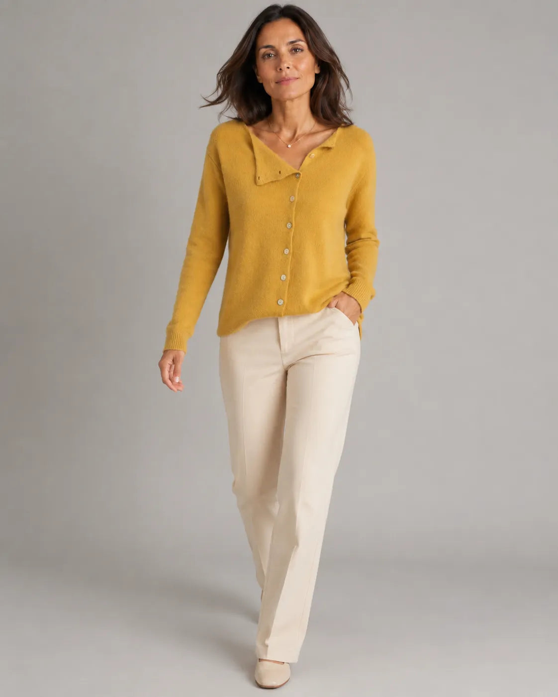 Soft Knit Round Neck Cardigan with Asymmetric Button Front