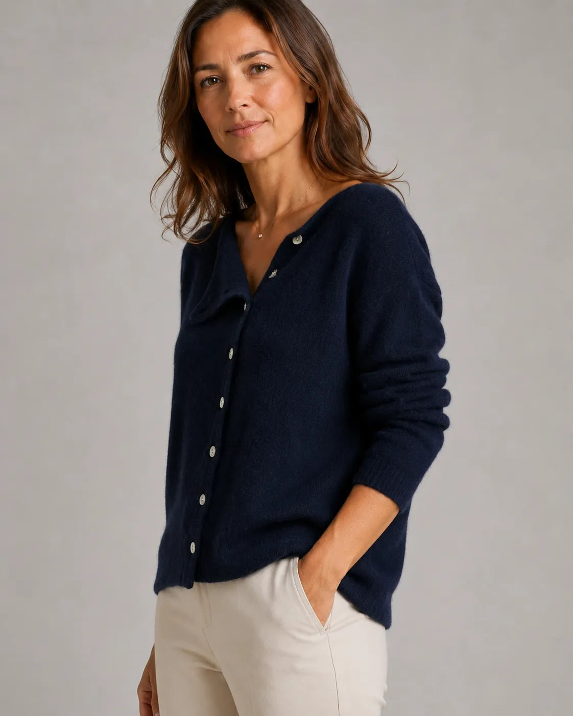 Soft Knit Round Neck Cardigan with Asymmetric Button Front