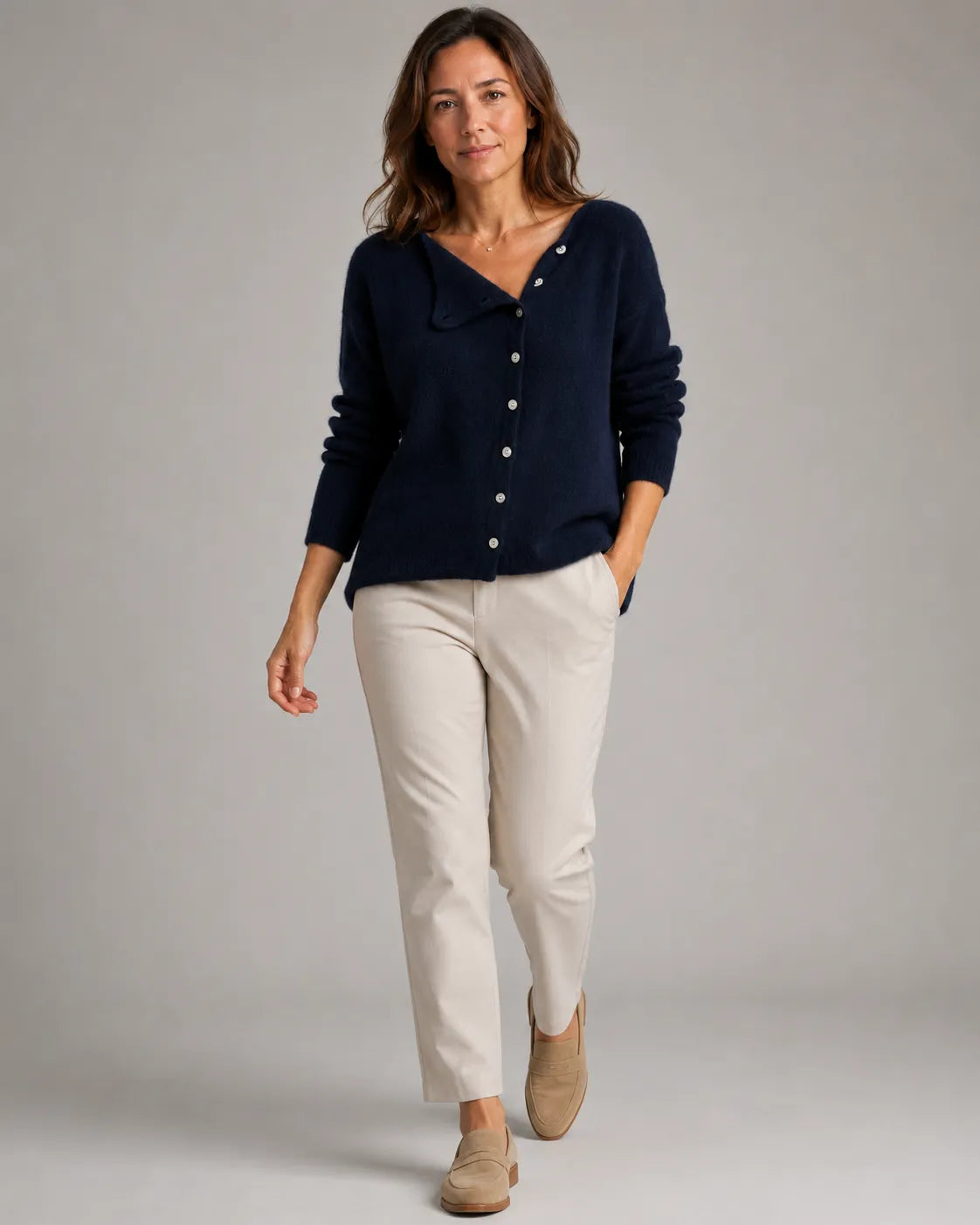 Soft Knit Round Neck Cardigan with Asymmetric Button Front